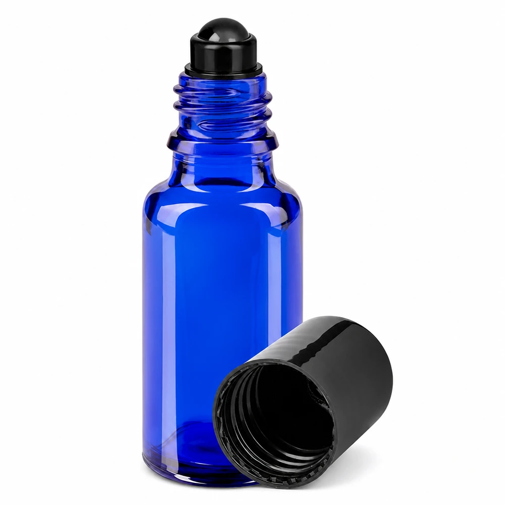 Flacone roll-on 20ml blu STD nero ApoGlas Flacone roll-on blu da 20 ml in vetro da farmacia con applicatore a sfera nero e tappo a vite