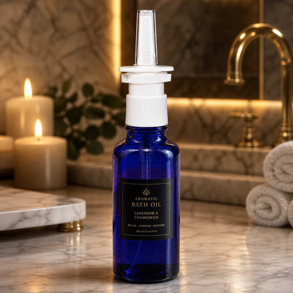 Piccolo flaconcino da 30 ml per spray nasale, in vetro da farmacia blu cobalto con erogatore standard