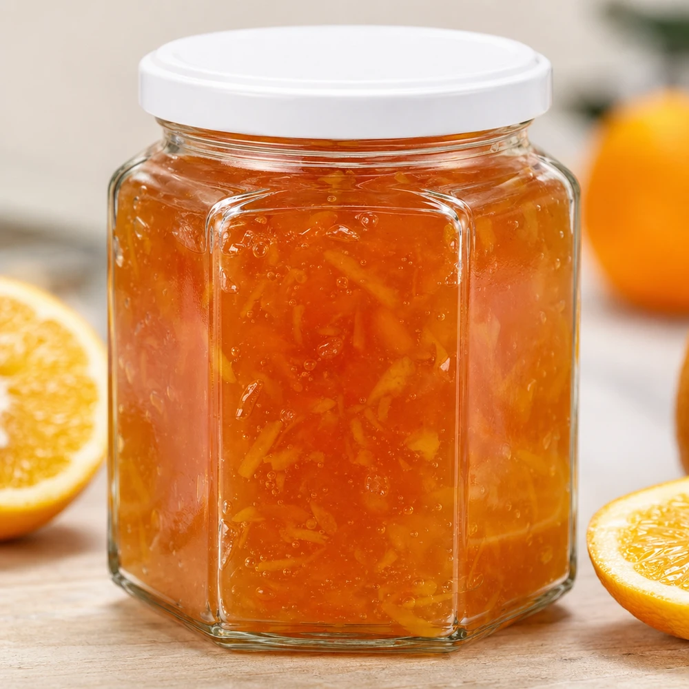 Vasetto per miele da 400 g con capsula bianca BasicSeal UNiTWIST Il vasetto esagonale da 400 g riempito di marmellata di arance mostra in dettaglio la qualità del vasetto e la tenuta del coperchio