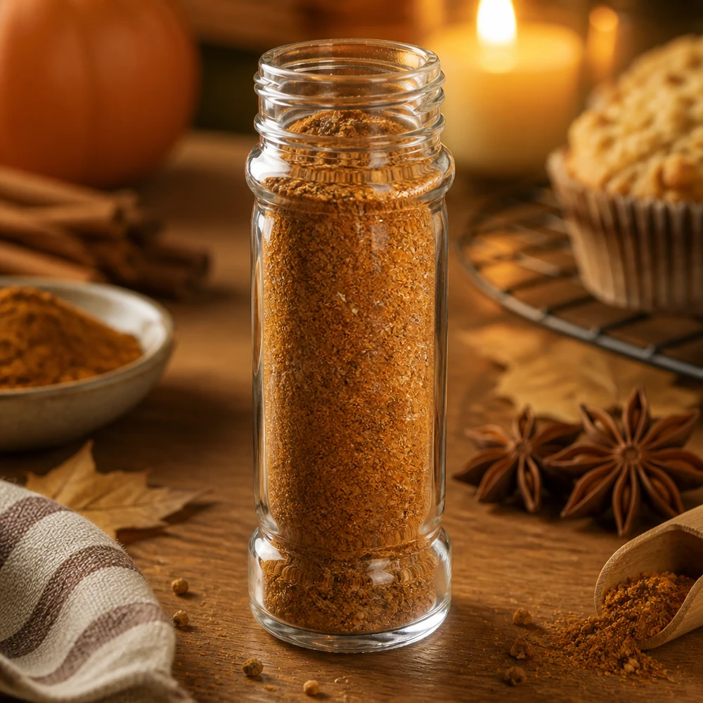 Barattolo per sale/spezie Mary 100ml, filettatura 41mm in vetro trasparente Barattolo per spezie Mary da 100 ml riempito con miscela di spezie per zucca, accanto ad anice stellato e bastoncini di cannella