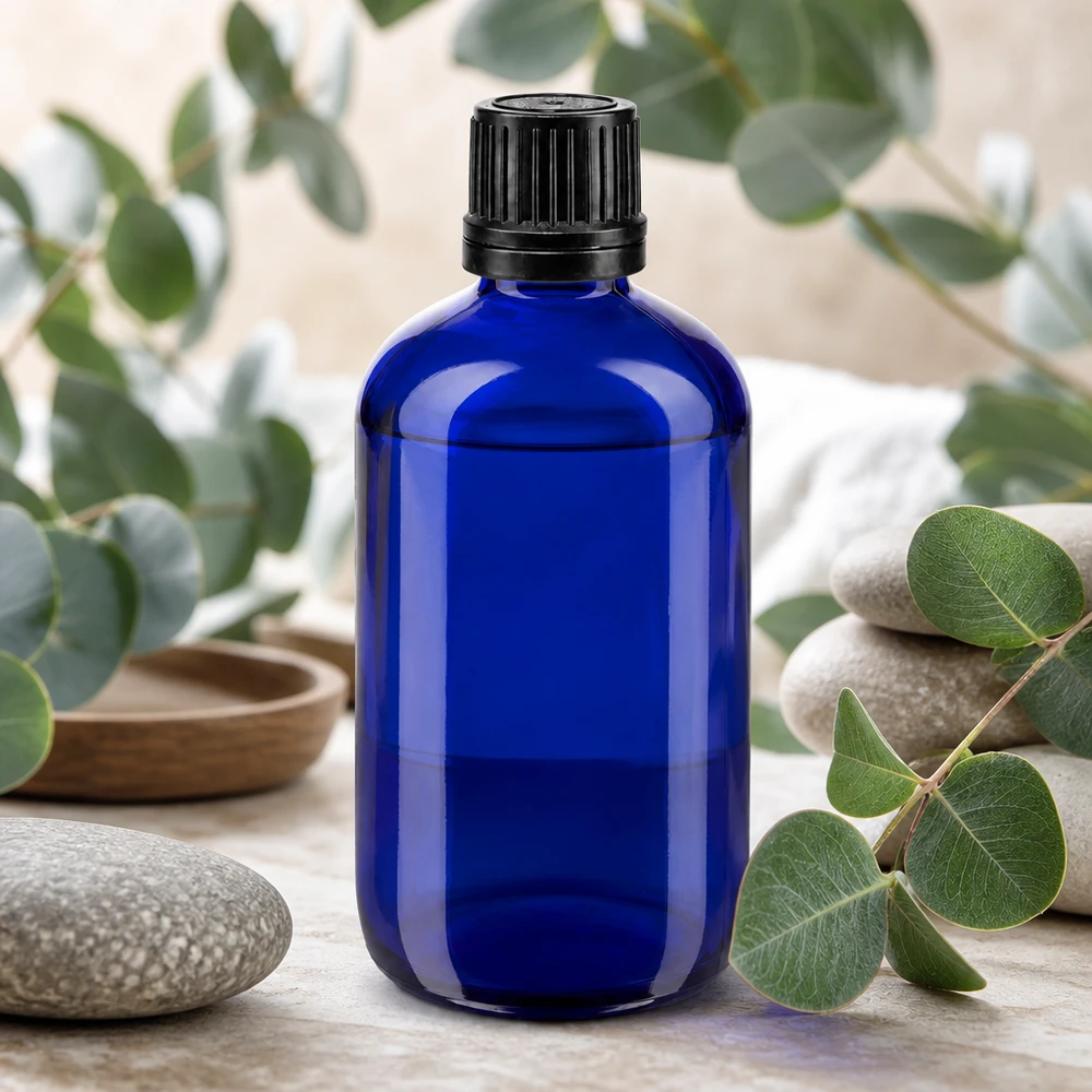 Flacone da farmacia da 100 ml blu cobalto con tappo OV nero accanto a ramoscelli di eucalipto