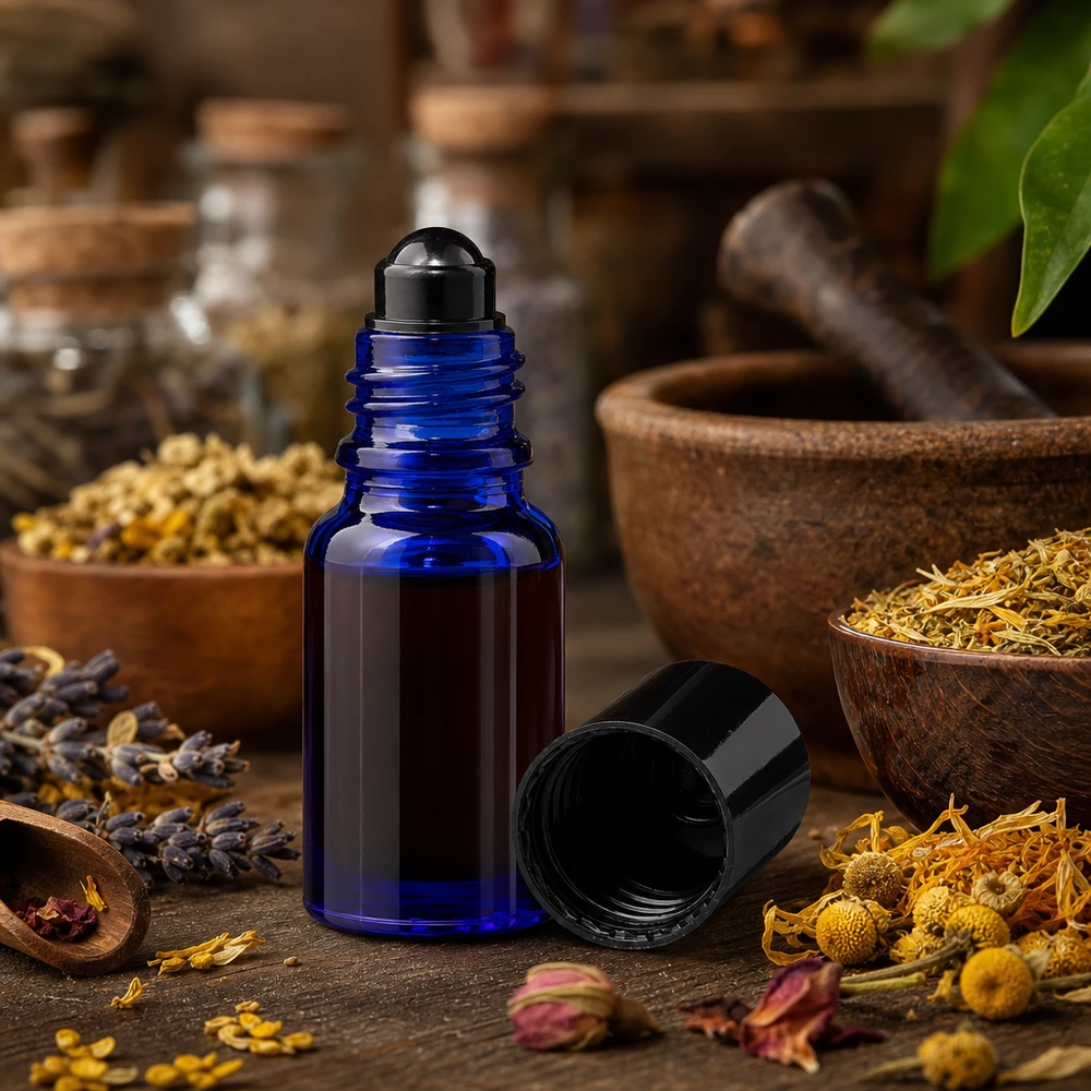 Flacone roll-on 10ml blu STD nero ApoGlas Flacone roll-on ApoGlas blu da 10 ml con erbe e fiori secchi su uno sfondo rustico in legno