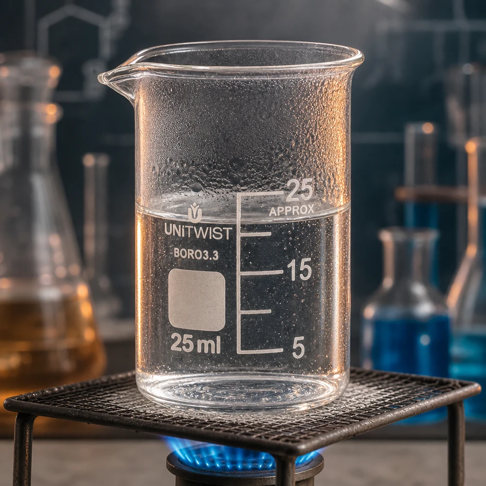 Riscaldare in laboratorio il bicchierino UNiTWIST da 25 ml in borosilicato 3.3 su un bruciatore a gas con rete metallica