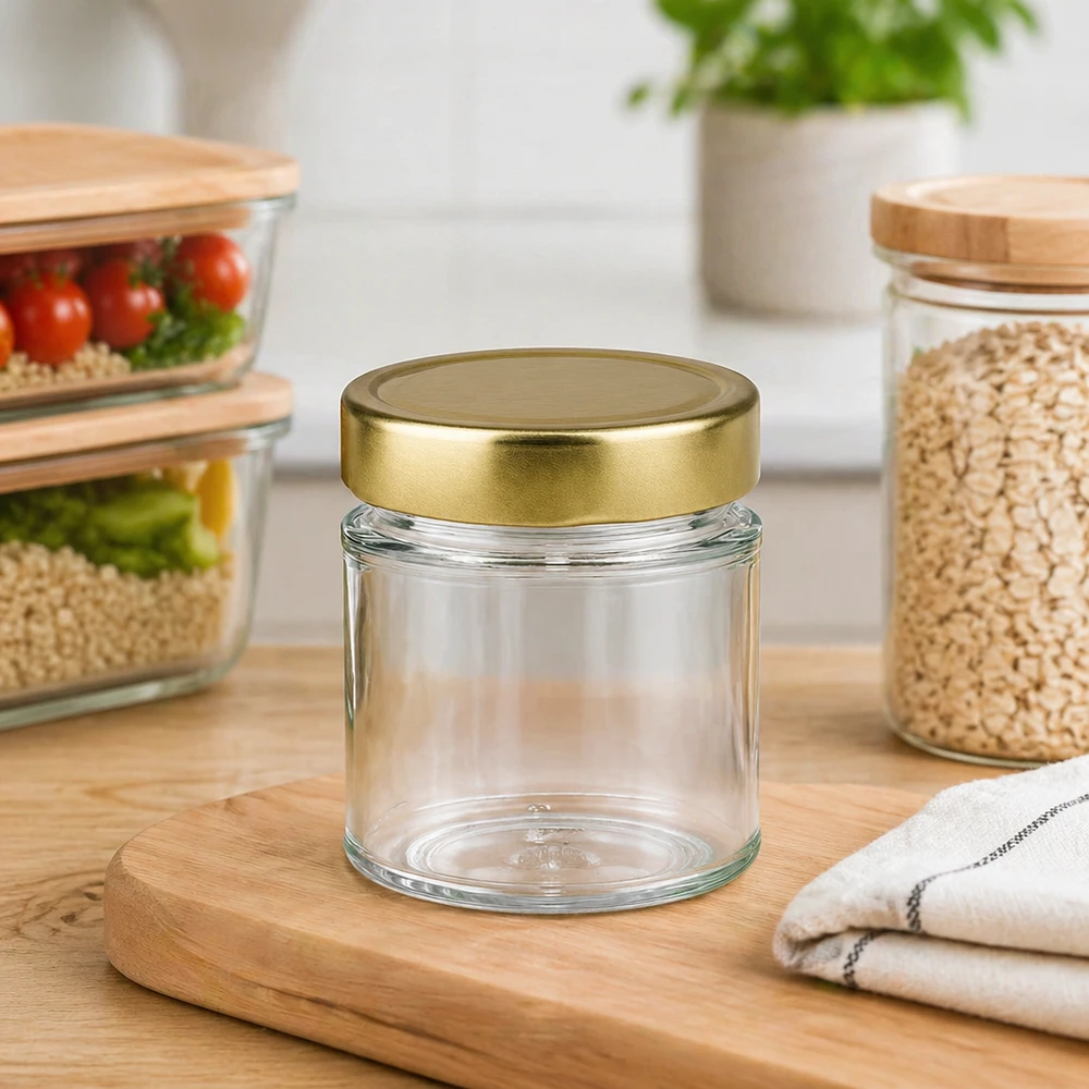 Barattolo rotondo da 154 ml con coperchio BasicSeal oro profondo UN.. Barattolo rotondo da 154 ml con coperchio dorato, vuoto su una tavola di legno in una cucina moderna con barattoli di stoccaggio