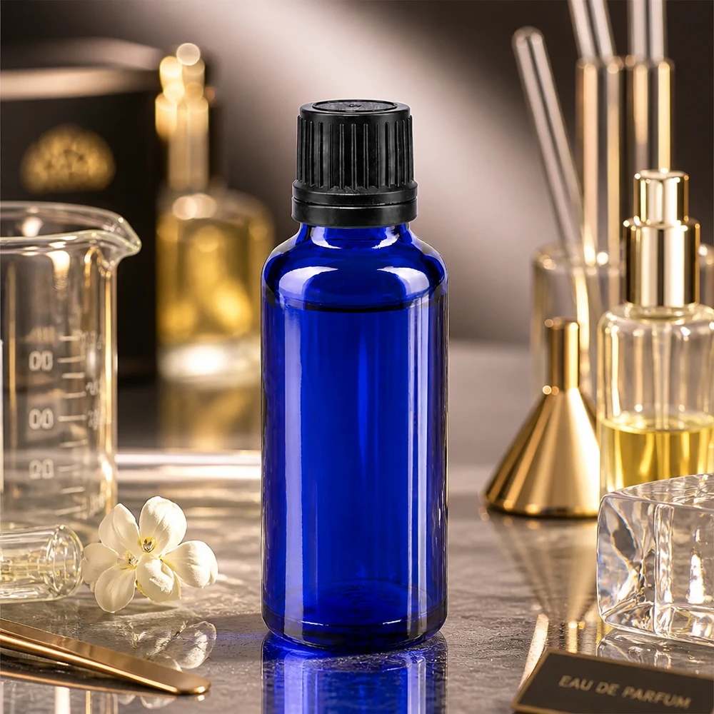 Flacone da farmacia da 30 ml in vetro blu con tappo a vite nero e foro di dosaggio preciso da 1 mm