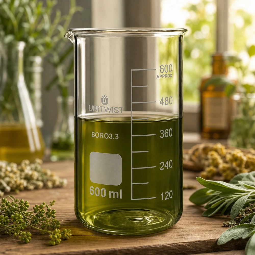 UNITWIST Bicchiere di vetro da 600 ml, forma alta, con estratto di erbe verde circondato da erbe medicinali fresche
