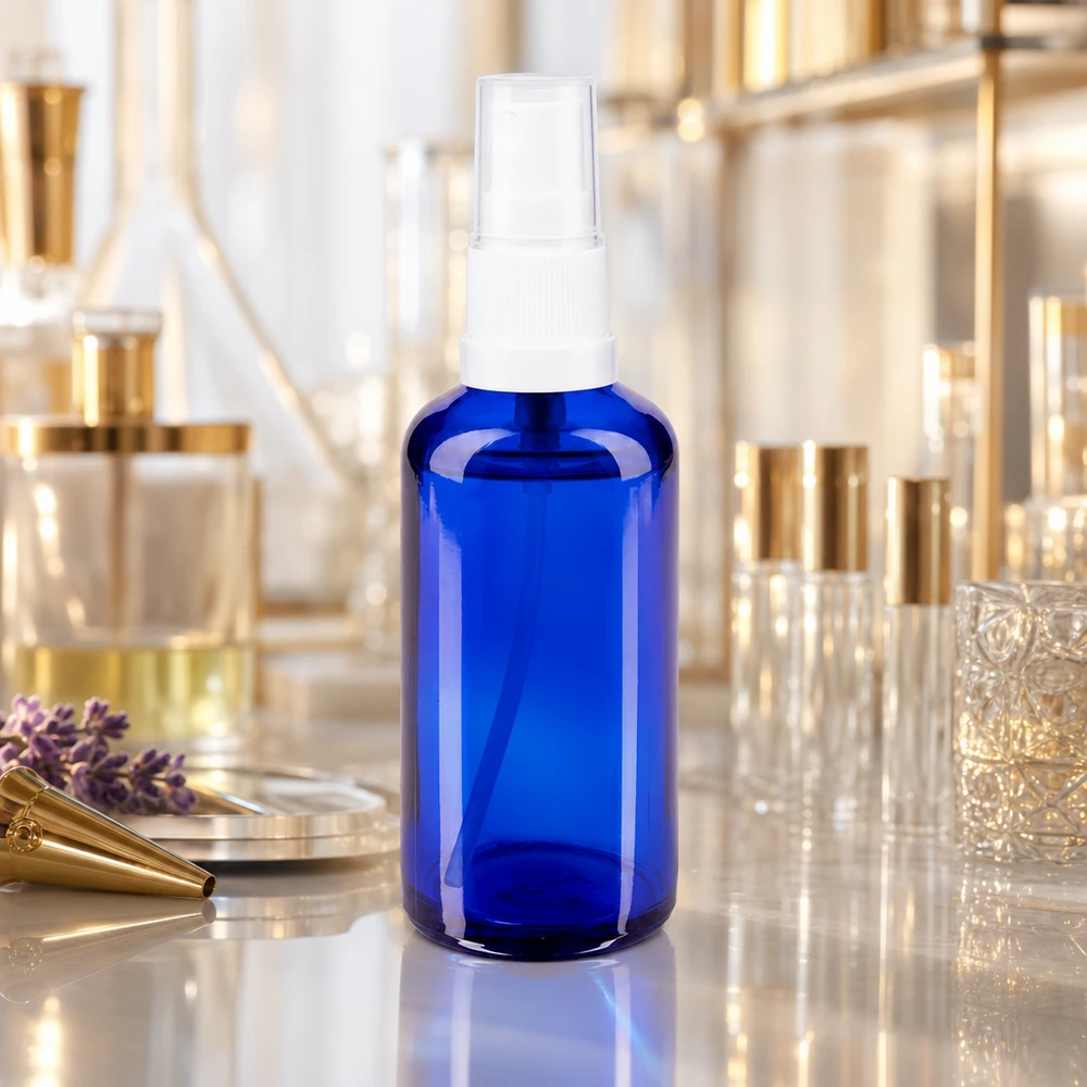 Flacone spray blu da 50ml STD bianco/trasparente apoGlas Flacone spray in vetro da farmacia da 50 ml, colore blu cobalto, con erogatore a pompa bianco nel laboratorio di profumeria