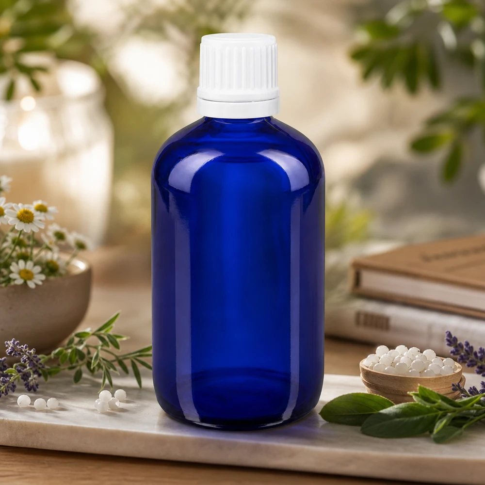 Flacone contagocce da farmacia da 100 ml blu cobalto con tappo di sicurezza per bambini bianco, tra le erbe medicinali
