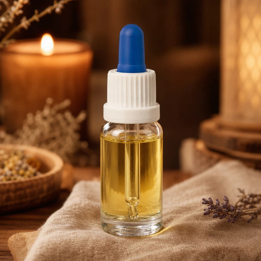 Flacone con contagocce per aromaterapia da 10 ml in vetro trasparente con pallina di gomma blu, accanto a una candela e alle erbe aromatiche