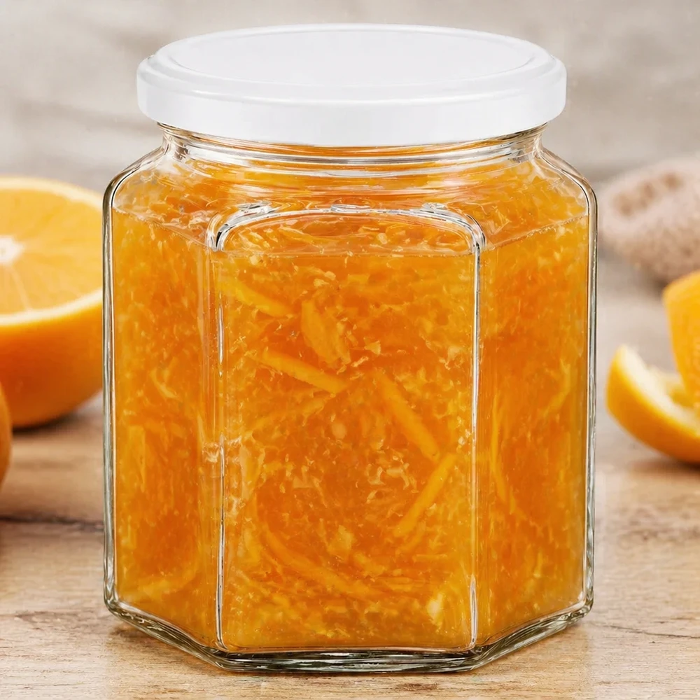 Vasetto per miele da 400 g con capsula bianca BasicSeal UNiTWIST Vaso di miele esagonale da 400 g riempito di marmellata di arance accanto a fette di arance fresche su una base di legno rustica