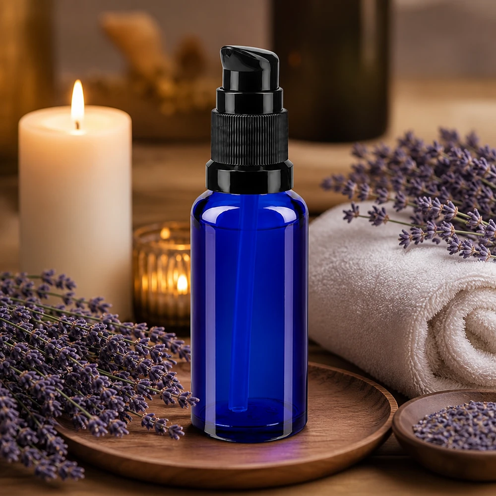 Bottiglia a pompa blu 30ml STD nero ApoGlas Flacone con dosatore da 30 ml in vetro da farmacia di colore blu cobalto, con dosatore nero su sfondo decorativo color lavanda