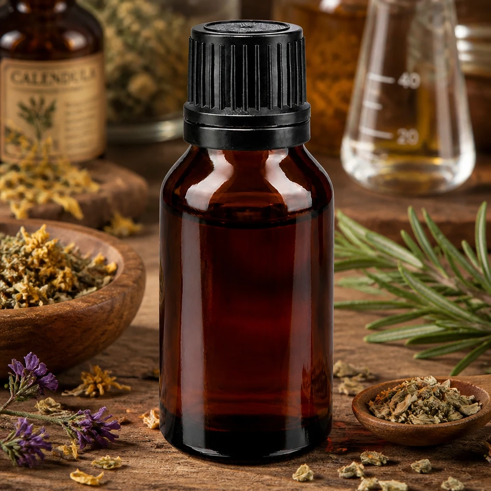 Bottiglia da farmacia marrone da 15 ml con tappo a vite nero. OV Flacone da farmacia con protezione UV da 15 ml in vetro ambrato con tappo a vite, tra rosmarino ed erbe medicinali