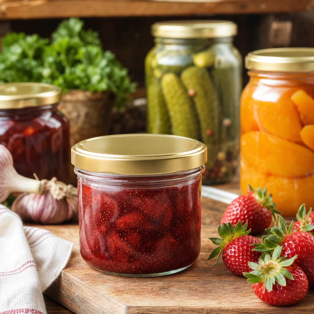 Bicchieri da 260 ml con coperchio BasicSeal oro UNiTWIST Barattolo da 260 ml con marmellata di fragole e coperchio BasicSeal oro UNiTWIST in cucina rustica con barattoli per conserve
