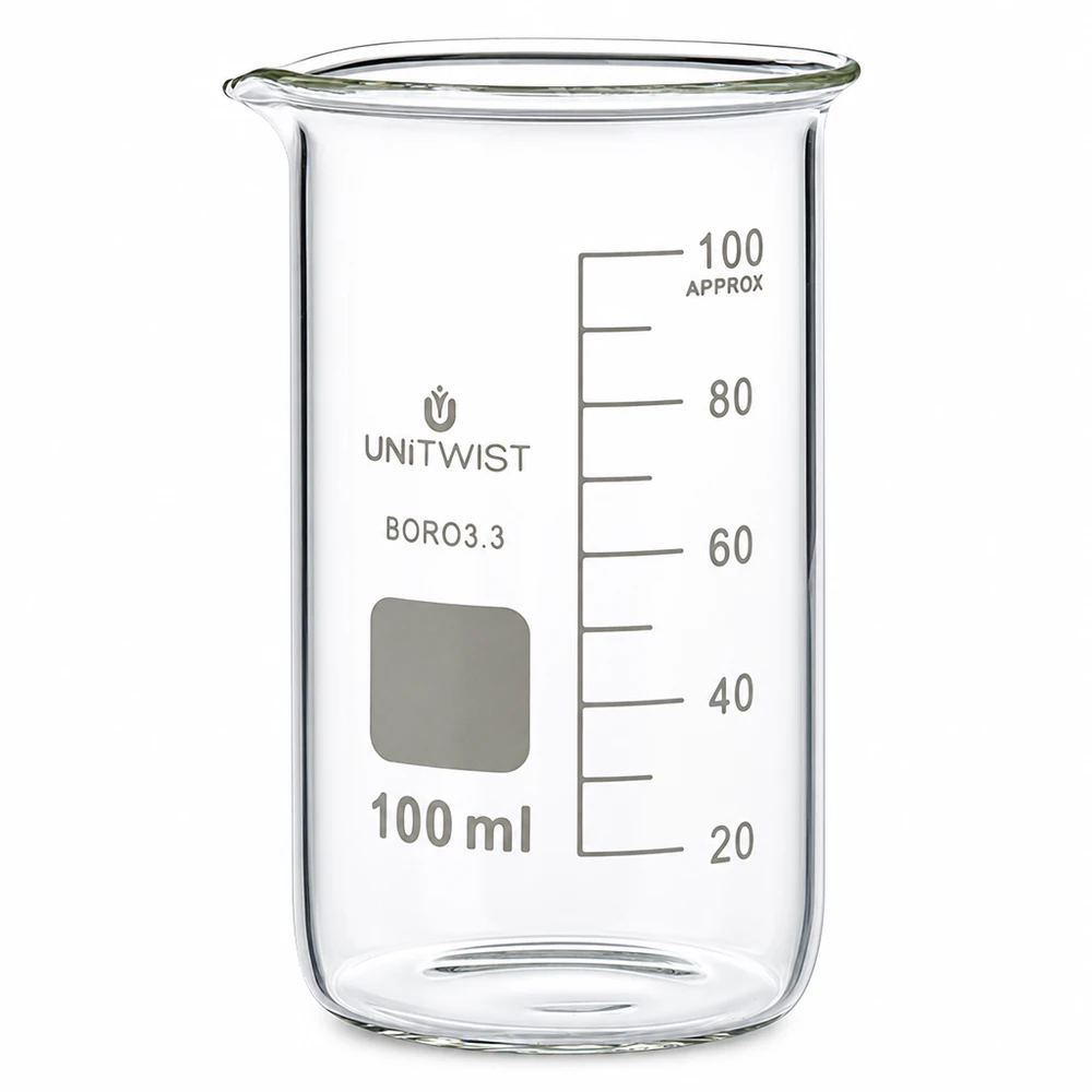 Bicchiere da laboratorio da 100 ml, forma alta, in vetro borosilicato trasparente con scala graduata in millilitri di UNITWIST