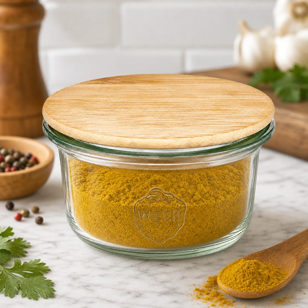 Mini barattolo da 50 ml WECK RR60 con coperchio in legno WECK mini mason jar 50ml con coperchio in legno riempito con polvere di spezie gialla in cucina moderna con erbe aromatiche