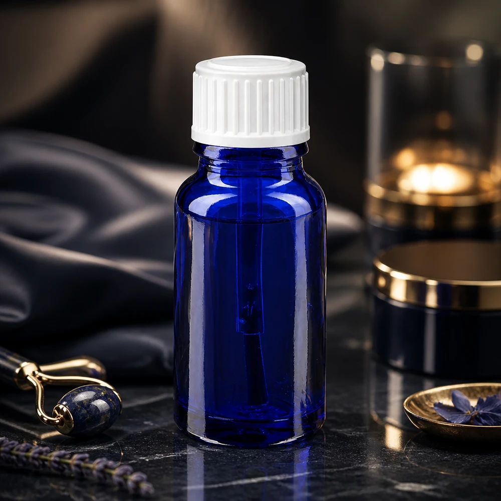 Bottiglia per pennelli 10ml blu STD bianco ApoGlas Flacone in vetro STD da 10 ml di colore blu scuro con tappo a pennello bianco per applicazioni cosmetiche