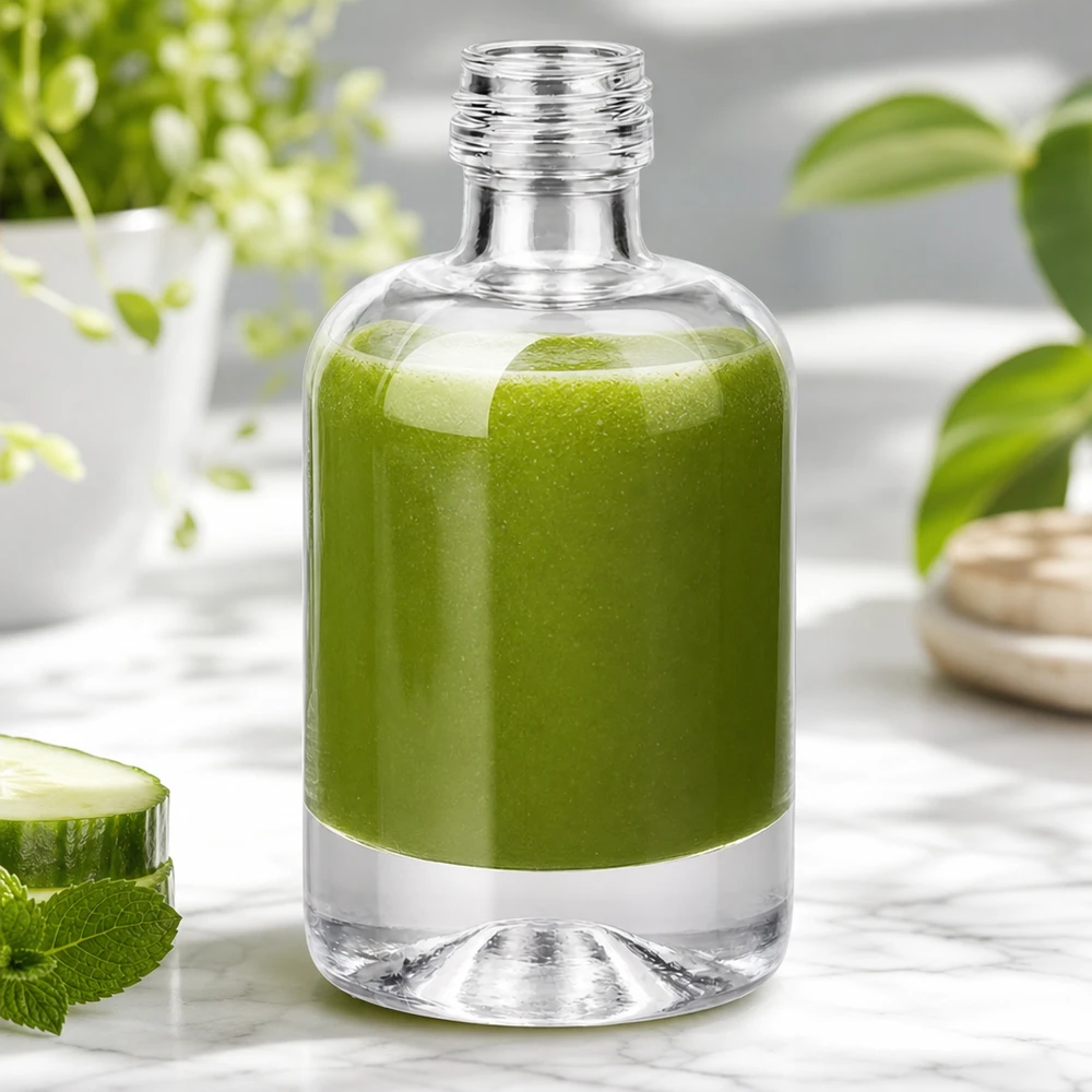 Bottiglia in vetro da 40 ml Sara senza tappo a vite UNiTWIST® Bottiglia di vetro da 40 ml Sara riempita di frullato verde accanto a cetriolo e menta mostra l'applicazione cosmetica naturale