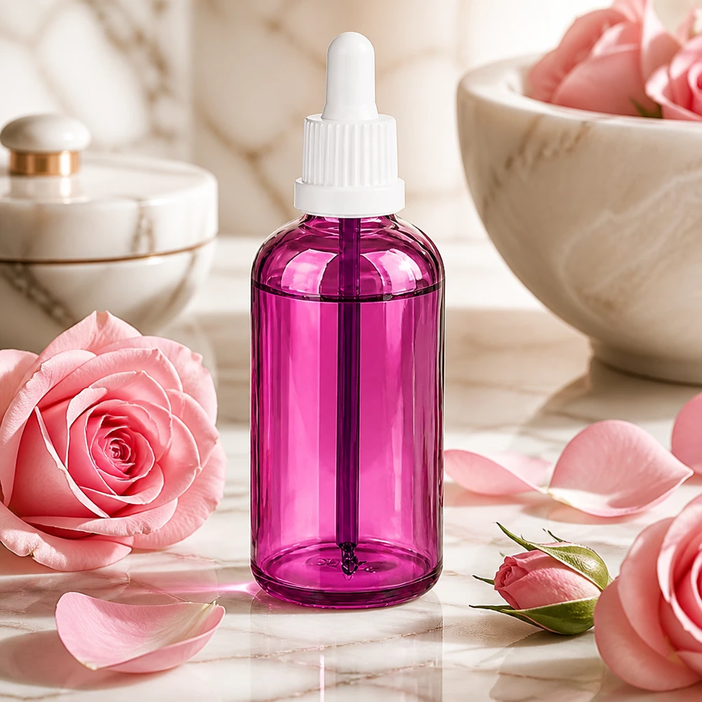 Bottiglia da 100 ml con tappo a vite bianco Originality PurpleLine UT18/100 Flacone contagocce ovale da 100 ml in vetro viola per sieri ed essenze di bellezza