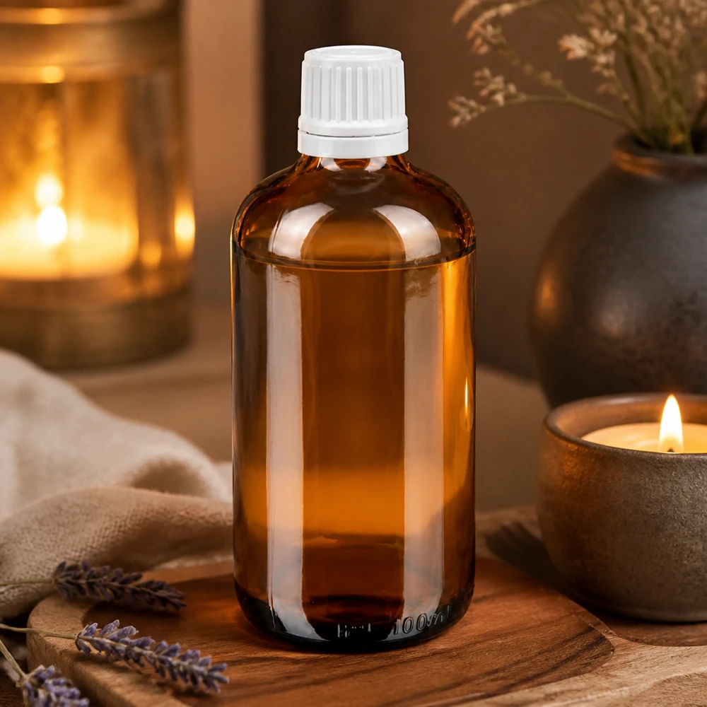 Flacone contagocce cilindrico da 100 ml in vetro ambrato con tappo di sicurezza per bambini bianco, per oli essenziali