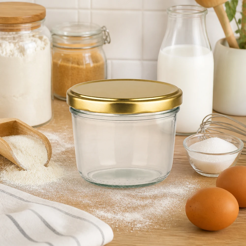Bicchieri da 230 ml con coperchio BasicSeal oro UNiTWIST Barattolo di vetro da 230 ml con coperchio dorato in cucina tra gli ingredienti da forno come farina, latte e uova su una tavola di legno