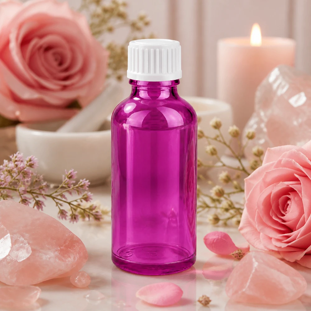 Flacone da 50 ml (globuli) con anello versatore da 3 mm bianco Standard PurpleLine. UT18/50 Flacone in vetro viola da 50 ml con coperchio bianco perfetto per la cura della pelle e gli oli essenziali
