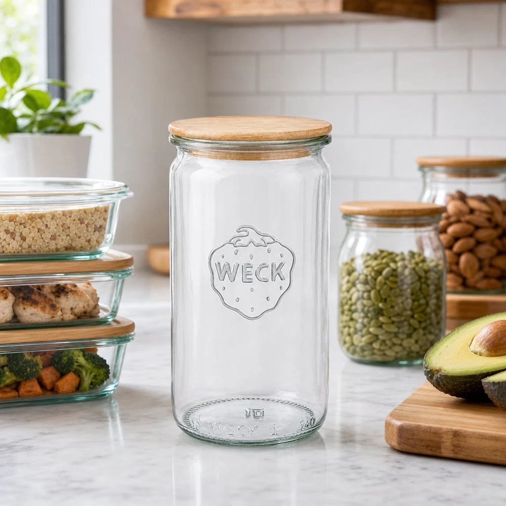 Barattolo cilindrico da 340 ml WECK RR60 con coperchio in legno Vaso cilindrico WECK 340ml RR60 con coperchio in legno in ambiente cucina accanto a contenitori per la preparazione dei pasti e vasi per la conservazione