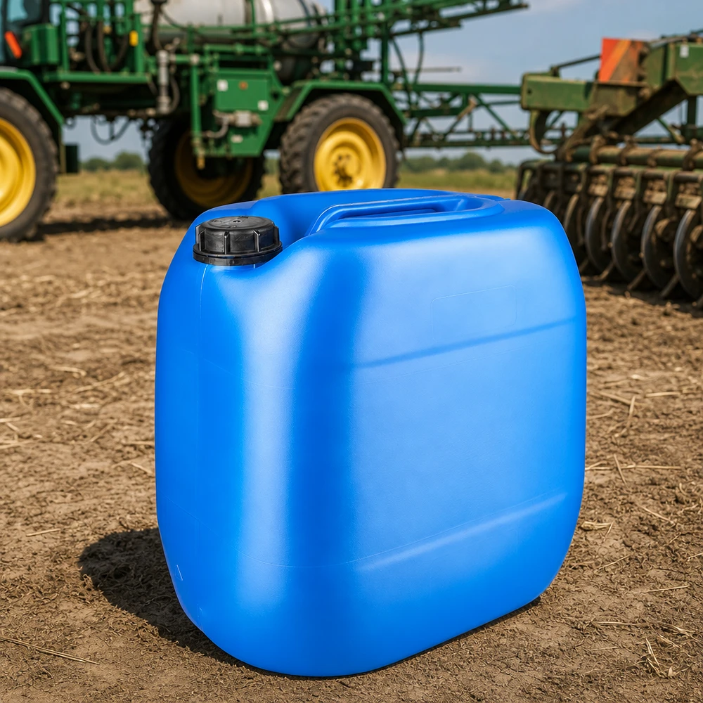 Tanica blu da 30 litri con tappo a vite OV in un campo agricolo accanto a un trattore