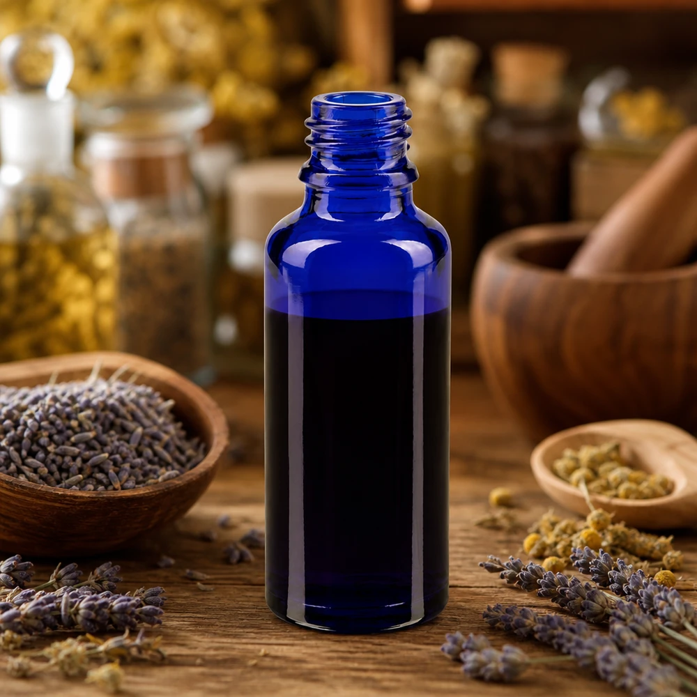 Flacone blu ApoGlas da 30 ml tra lavanda, camomilla e mortaio di legno in un’atmosfera rustica all’insegna delle erbe aromatiche