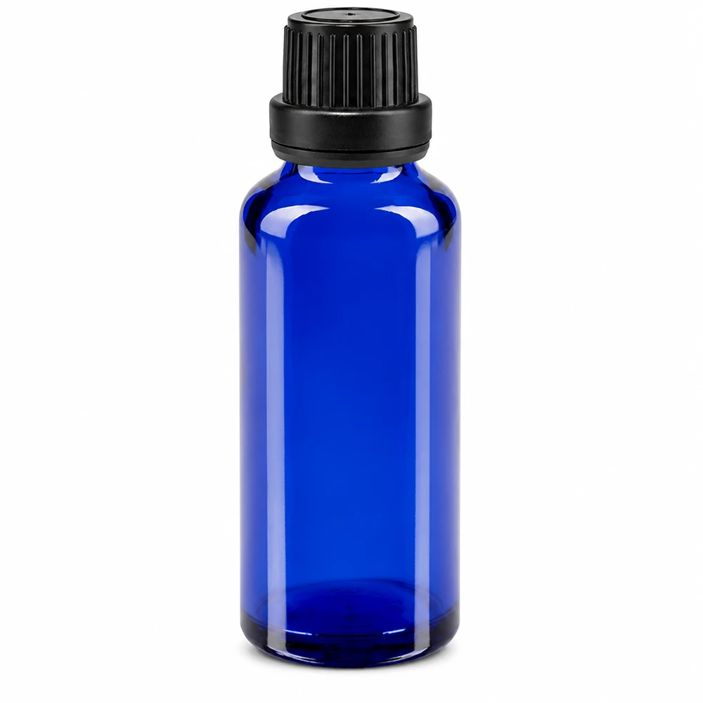 Flacone da farmacia in vetro blu da 30 ml con tappo di sicurezza nero e dosatore a goccia da 2 mm