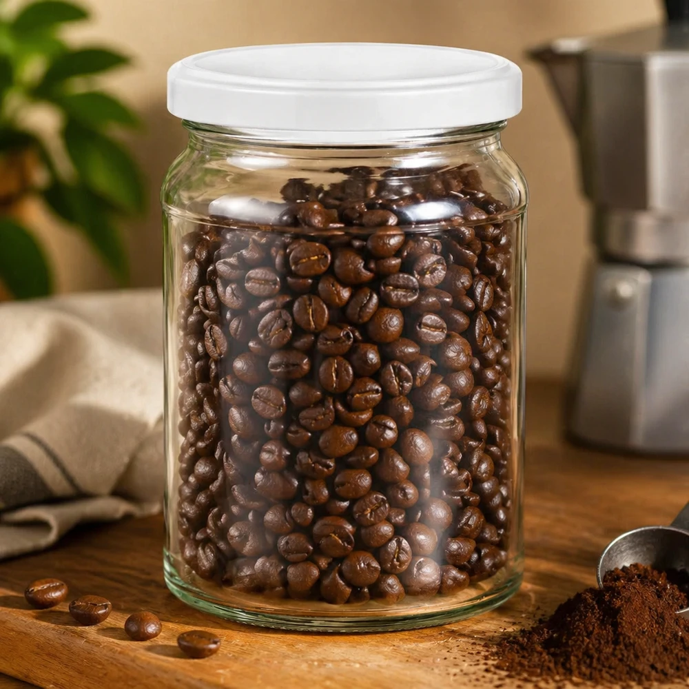 Barattolo rotondo da 205 ml con coperchio BasicSeal bianco UNiTWIST Barattolo rotondo UNiTWIST da 205 ml riempito di chicchi di caffè - barattolo ermetico per caffè e alimenti secchi