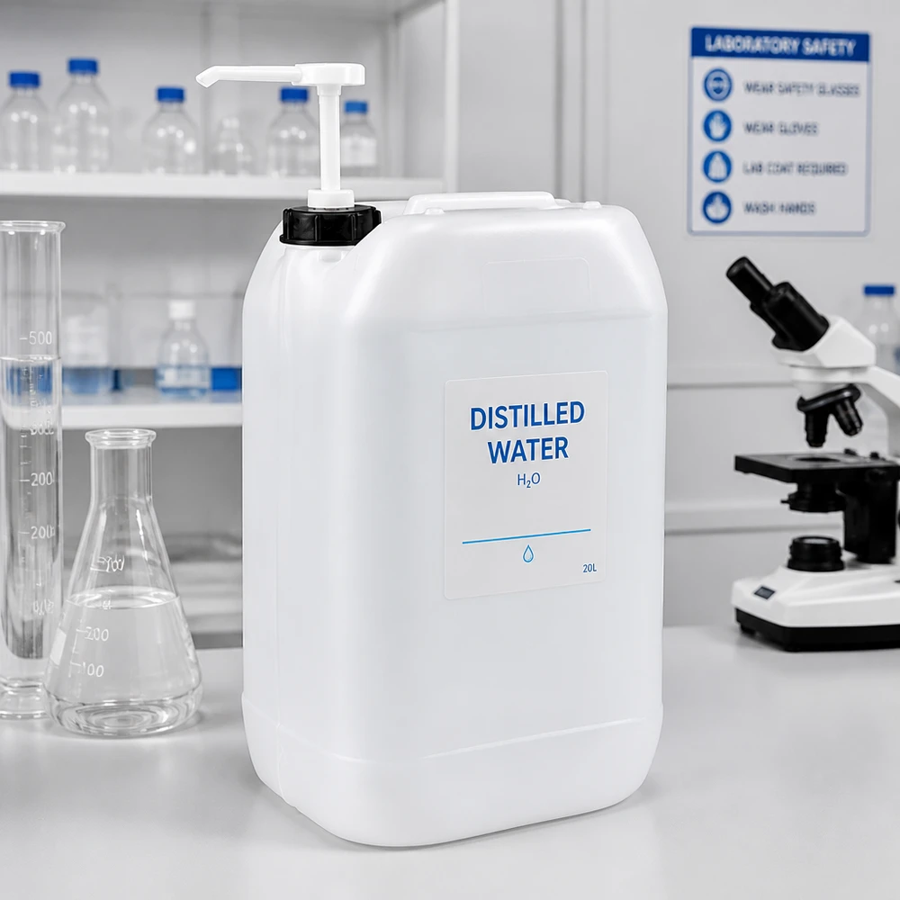 Tanica da 15 litri con pompa dosatrice Tanica da 15 litri con pompa dosatrice in un ambiente di laboratorio, accanto a un microscopio e a un matraccio di Erlenmeyer