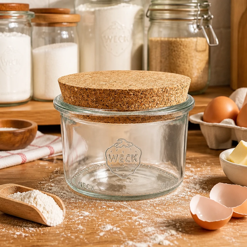 Bicchieri da 200 ml WECK RR80 con tappo in sughero naturale Bicchieri WECK 200ml RR80 con coperchio in sughero su un piano di lavoro in legno circondato da ingredienti da forno, farina, uova e burro.