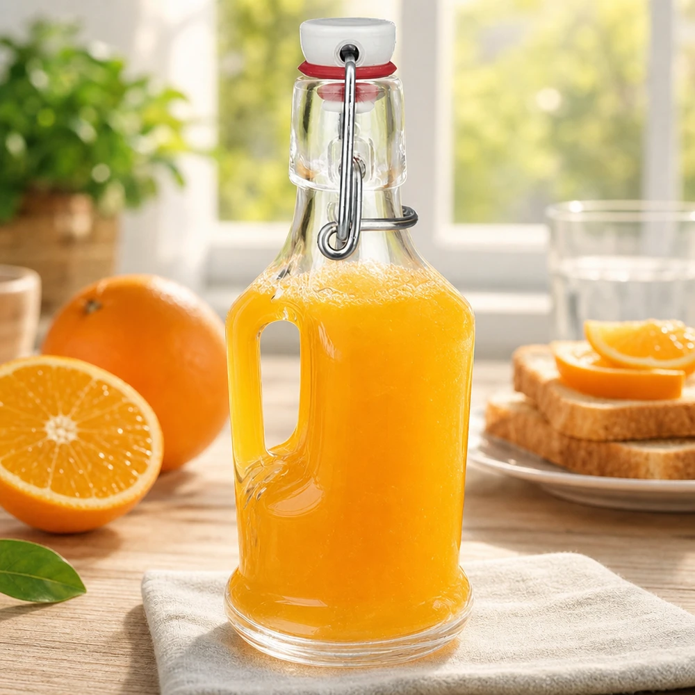 Bottiglia in vetro da 200 ml Bertha e tappo a clip in porcellana UNiTWIST® Bottiglia di vetro UNiTW Bertha 200ml riempita di succo d'arancia accanto ad arance fresche e toast scena di colazione swing top