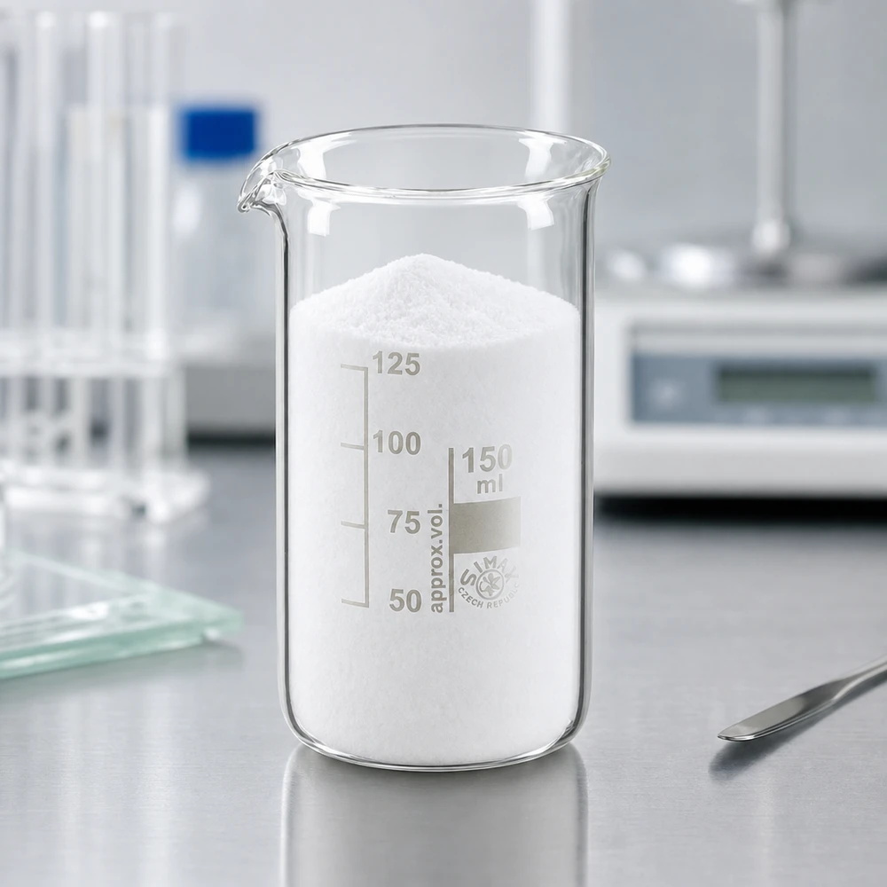 Bicchiere da laboratorio da 150 ml, modello alto, riempito di polvere bianca su un piano di lavoro da laboratorio in acciaio inossidabile