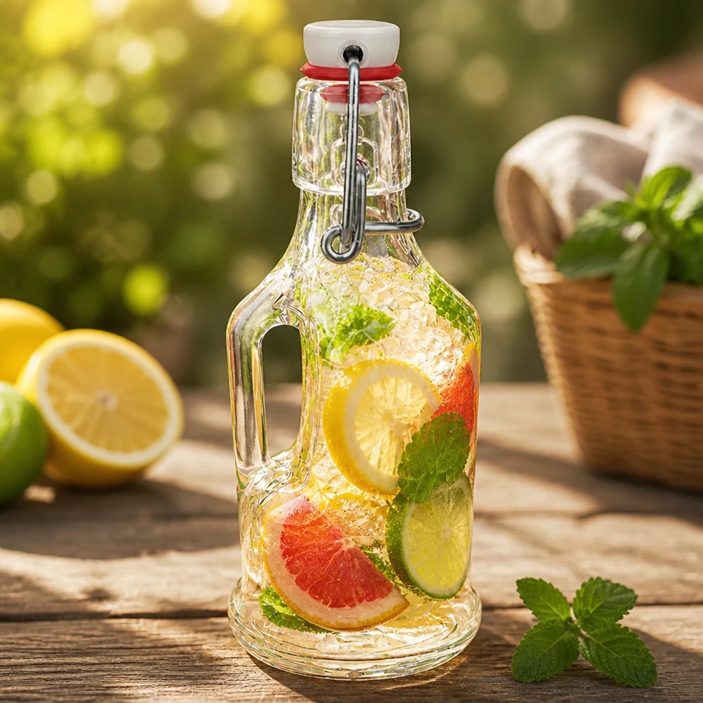 Bottiglia in vetro da 200 ml Bertha con infuso di limone e pompelmo, menta, tappo a battente UNiTWIST, ambiente esterno