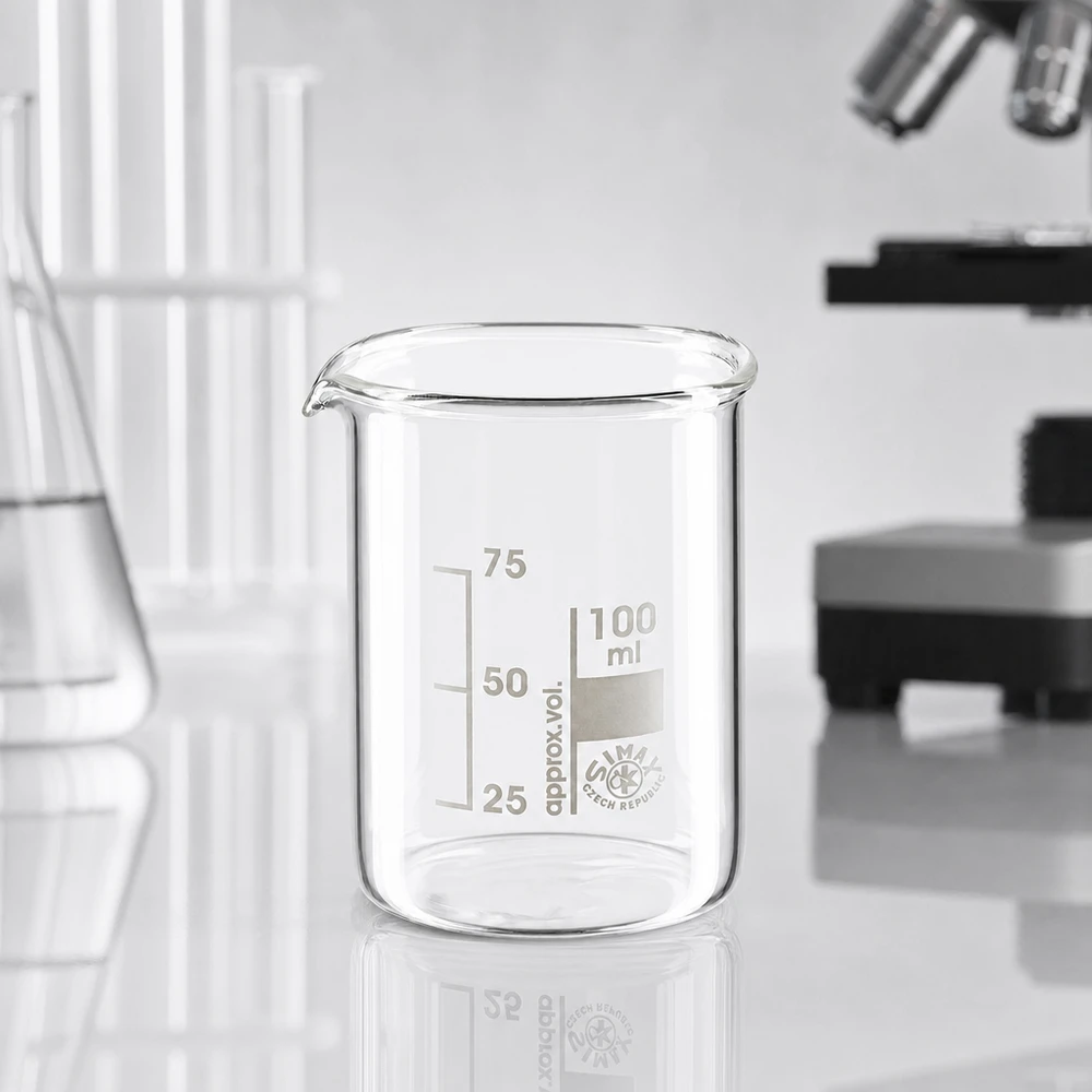 Bicchiere trasparente 100ml a basso stampo in vetro borosilicato per applicazioni chimiche in laboratorio