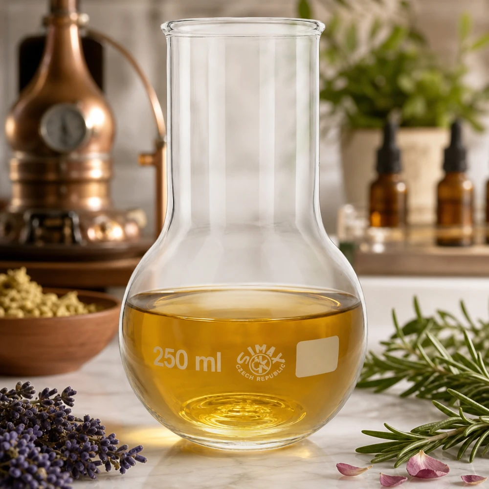 Fiaschetta da 250 ml a collo largo Fiaschetta in vetro 250ml a collo largo con oli essenziali circondati da lavanda e rosmarino