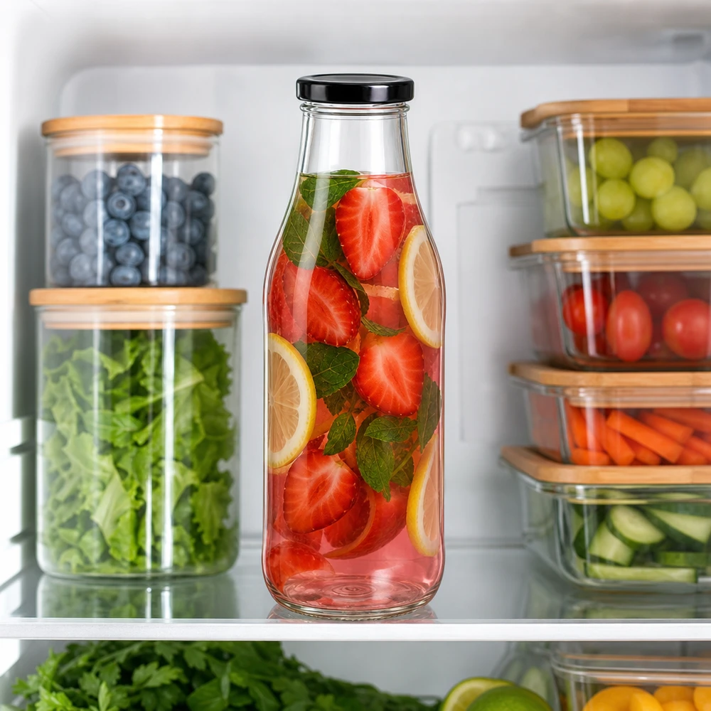 Bottiglia di vetro da 1000 ml + coperchio BasicSeal nero UN.. 1000ml Glasflasche mit Erdbeer-Zitronen-Getränk im Kühlschrank zwischen organisierten Lebensmittelbehältern