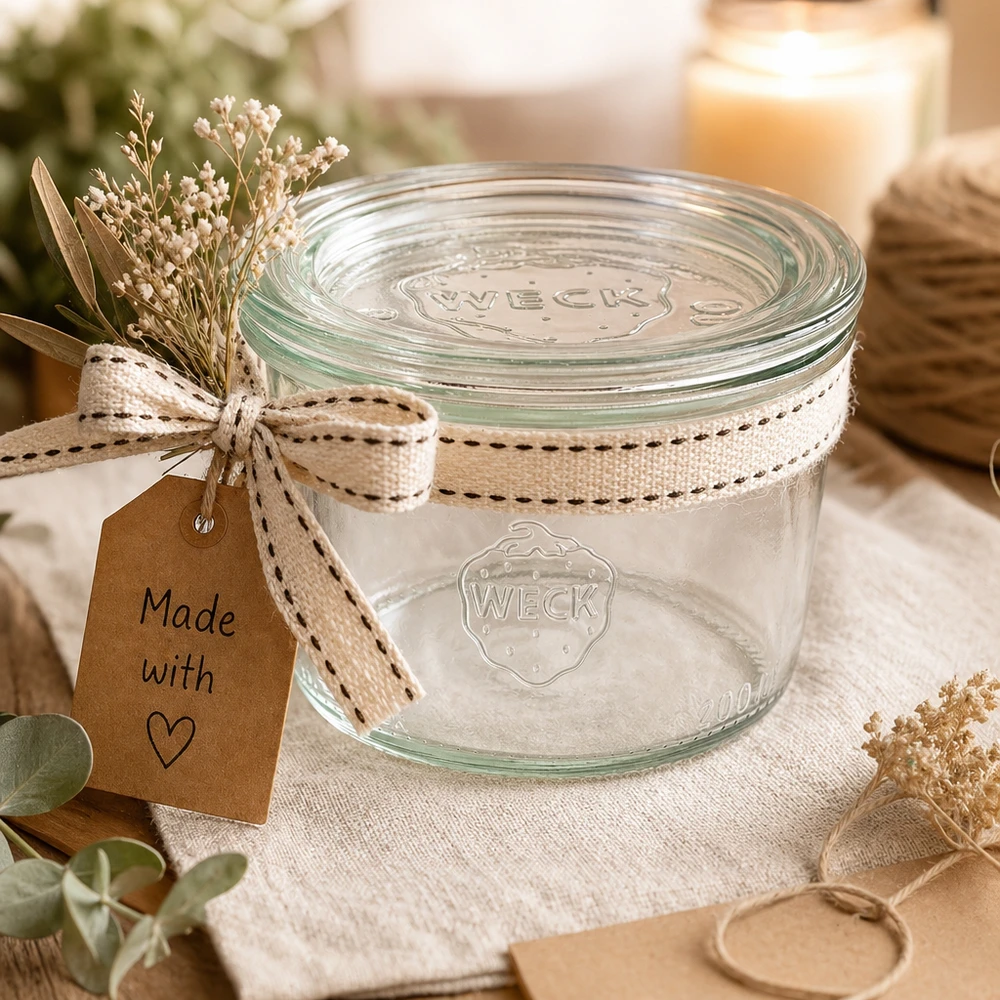Bicchieri WECK 200ml RR80 in regalo decorati con nastro e targhetta Made with Love