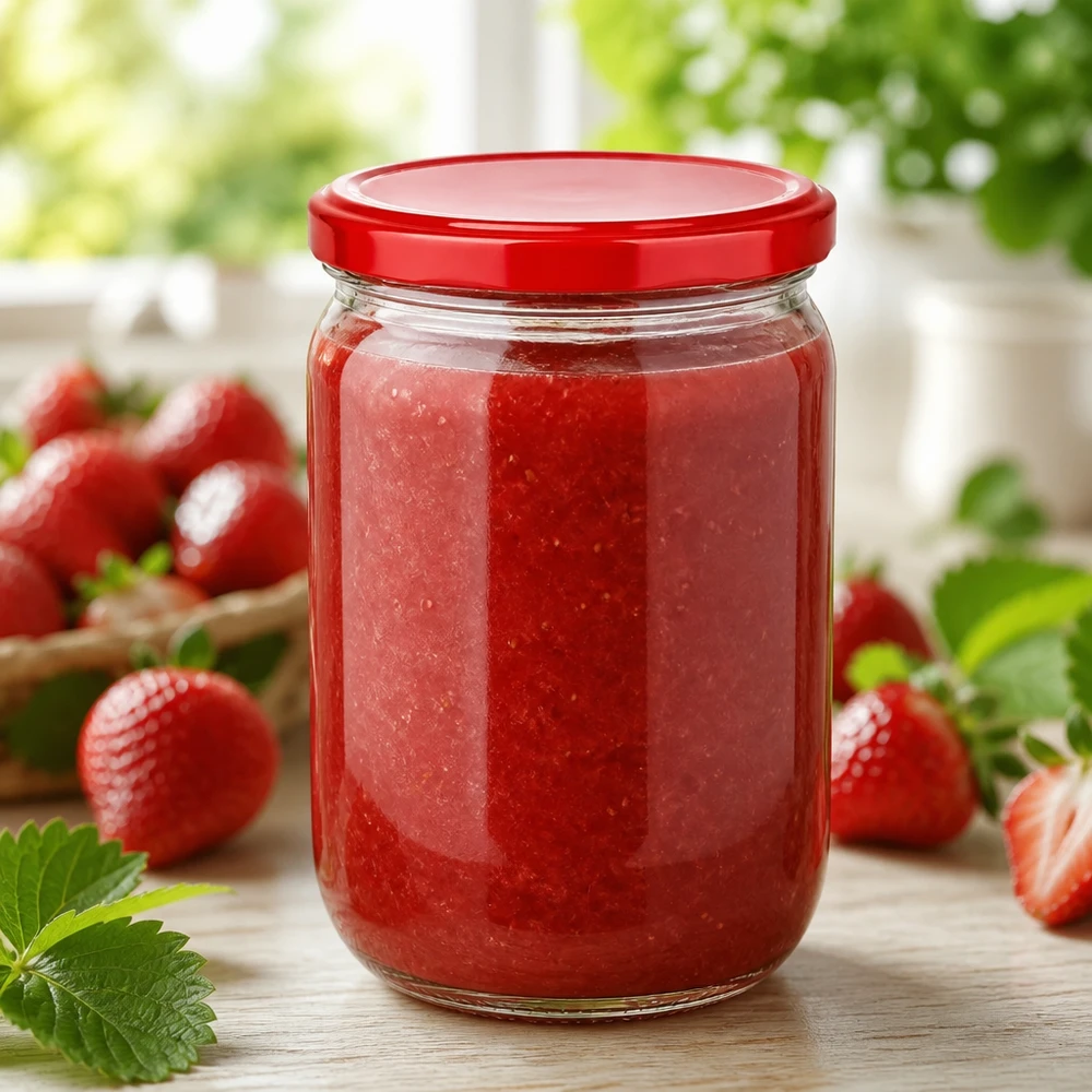 Purea di fragole in un classico barattolo di vetro rotondo UNiTWIST da 555 ml, chiuso con un coperchio ermetico BasicSeal rosso