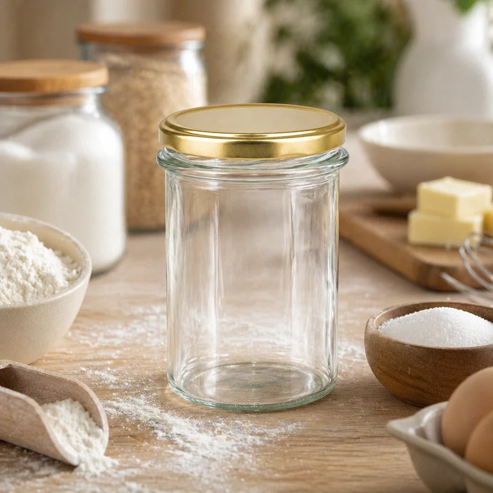 Bicchieri da 230 ml con coperchio BasicSeal oro UNiTWIST Bicchieri da 230 ml vuoti con coperchio BasicSeal dorato UNiTWIST in cucina circondato da ingredienti da forno e ciotole in legno