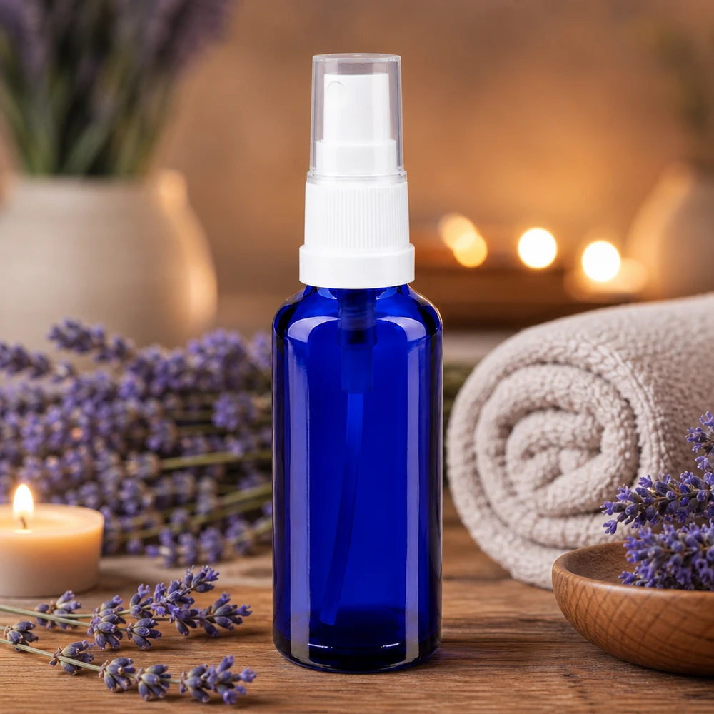 Piccolo flacone spray da 30 ml in vetro da farmacia con protezione UV, di colore blu cobalto, con nebulizzatore bianco
