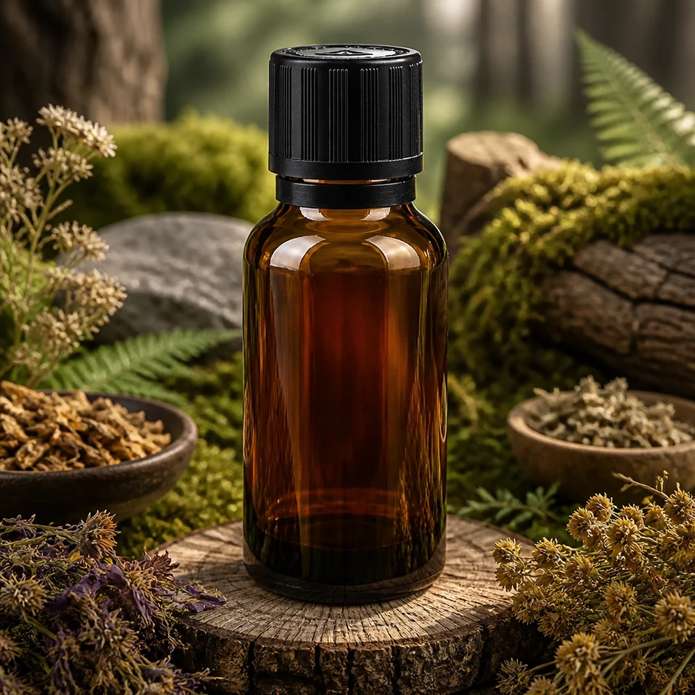 Flacone da farmacia da 20 ml in vetro ambrato con tappo di sicurezza per bambini e inserto cieco nero da 1 mm