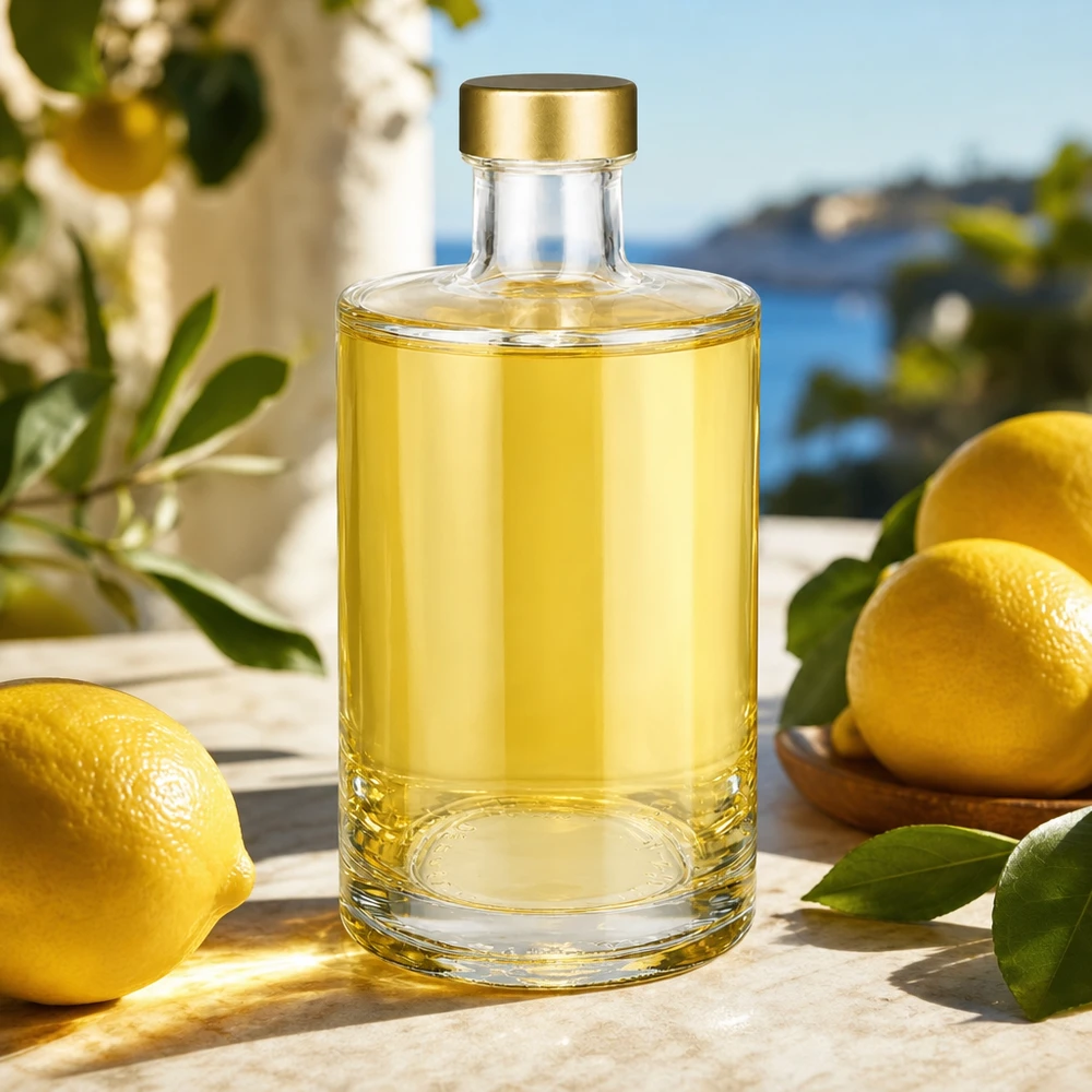 Bottiglia in vetro da 375 ml Sam + tappo a vite oro UNiTWIST® Bottiglia in vetro da 375 ml Sam con liquore agli agrumi tappo a vite dorato UNiTWIST limoncello ambiente mediterraneo