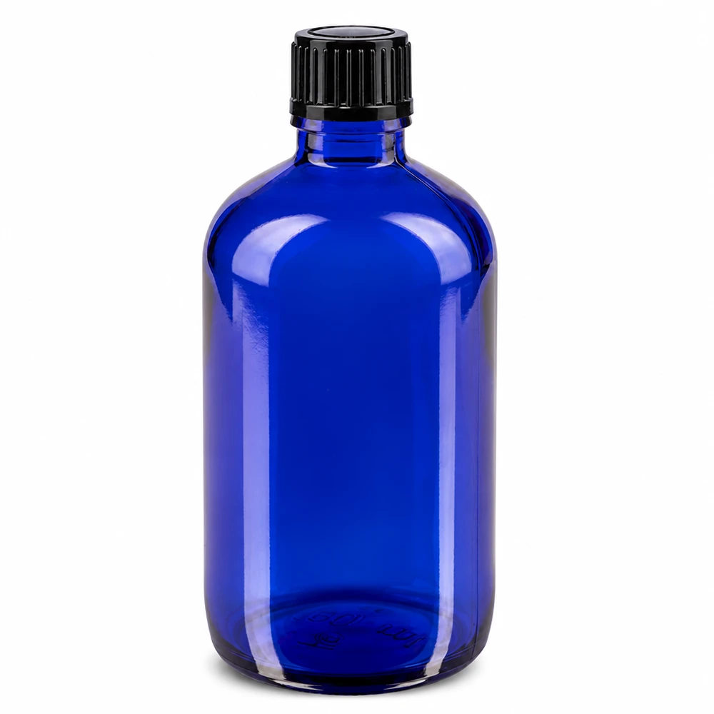 Flacone contagocce blu da 100 ml STD nero/1mm ApoGlas Flacone da farmacia in vetro blu da 100 ml con tappo a vite nero e dosatore a gocce da 1 mm