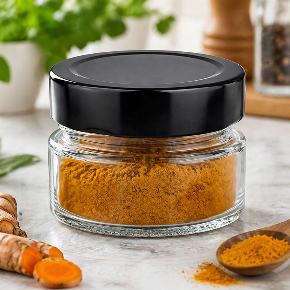 Barattolo rotondo da 80 ml + coperchio BasicSeal nero profondo UNiTWIST Barattolo rotondo da 80 ml con coperchio nero BasicSeal riempito con curcuma in polvere Spezie Ambiente cucina Esempio di utilizzo