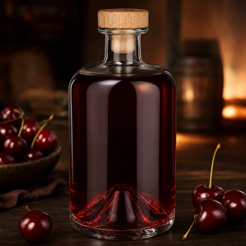 Bottiglia in vetro di Sofia da 500 ml con tappo in legno riempita con liquido rosso ciliegia circondato da ciliegie fresche Ambiente