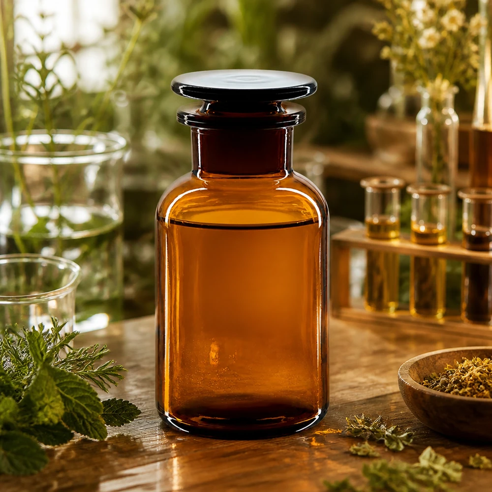 Bottiglia di vetro ambrato da 250 ml a collo largo con tappo di vetro piatto, appoggiata su un tavolino di legno con erbe aromatiche