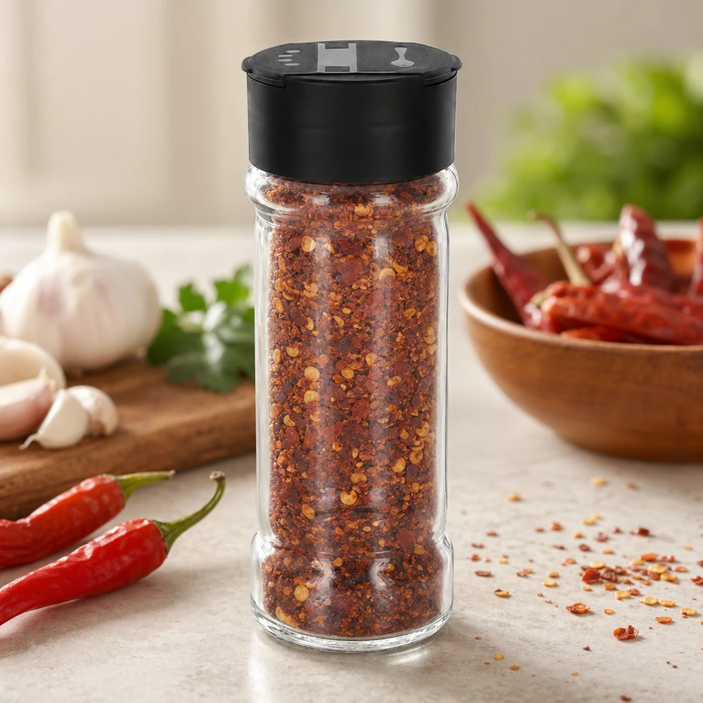 Barattolo per spezie da 100 ml riempito con fiocchi di peperoncino e dotato di coperchio dosatore nero, sul bancone della cucina