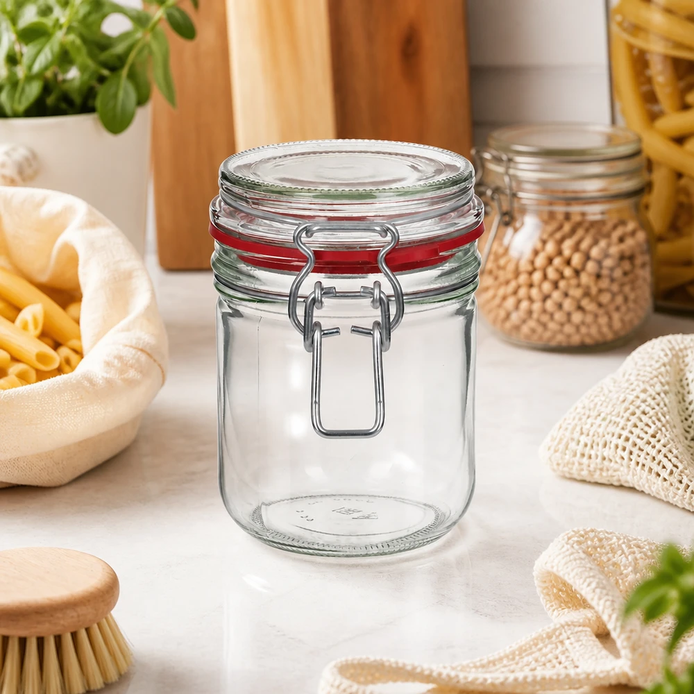 Robusto barattolo da 400 ml con chiusura a clip in metallo per un'organizzazione duratura della cucina.
